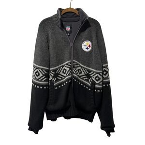 NFL Pittsburgh Steelers Mens Knit Full Zip Jacket Large Grey Fair Isle Wool